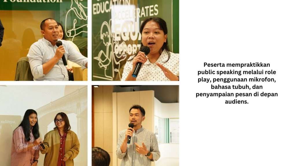 Peserta mengikuti role play dalam pelatihan public speaking Panggung dan Peran